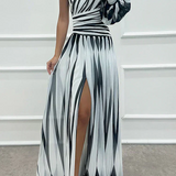 Judit - Elegáns csíkos maxi ruha egy vállal