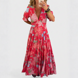 Emese - Elegáns Virágmintás V-nyakú Ruha