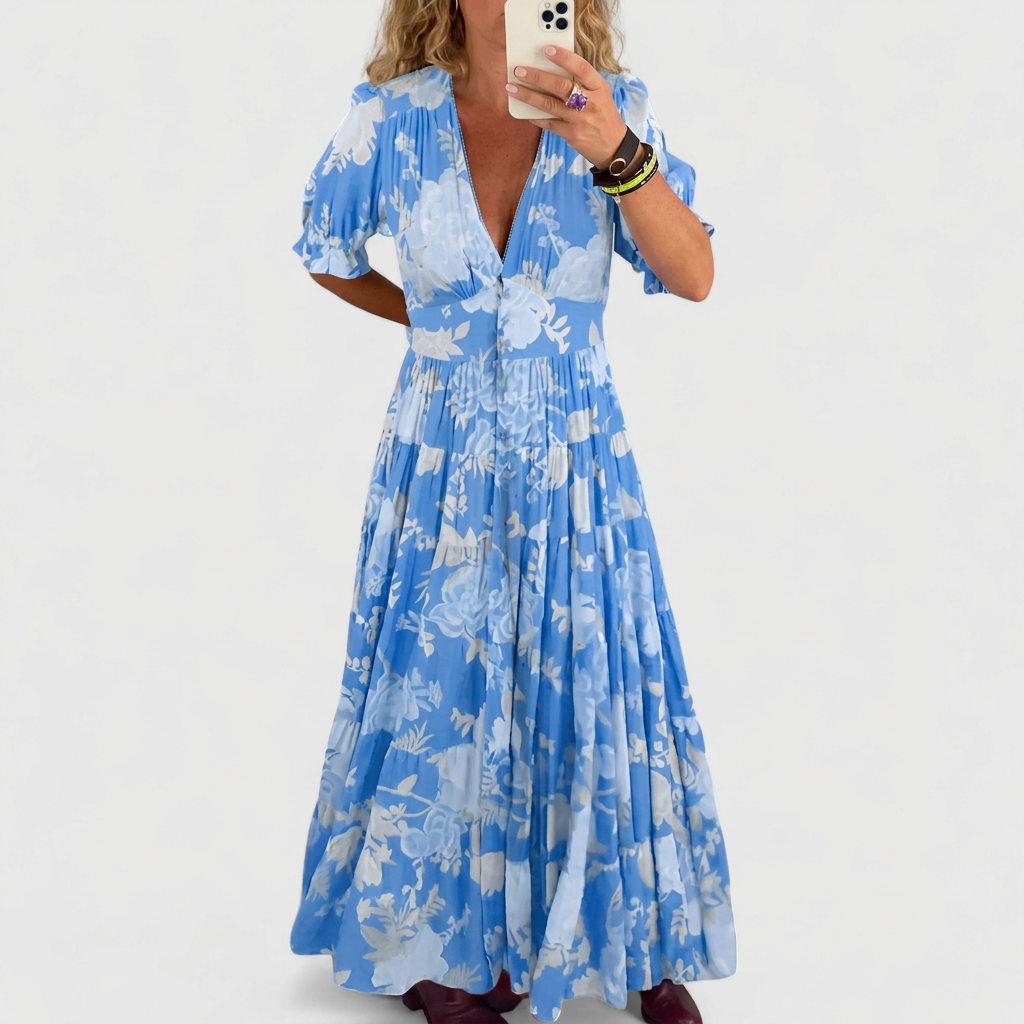 Emese - Elegáns Virágmintás V-nyakú Ruha