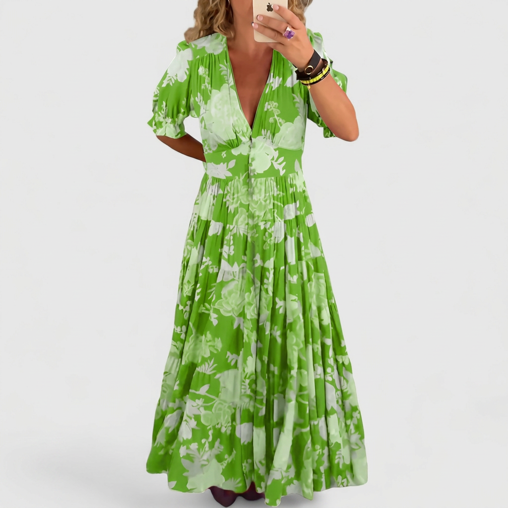Emese - Elegáns Virágmintás V-nyakú Ruha
