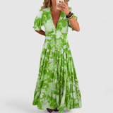 Emese - Elegáns Virágmintás V-nyakú Ruha