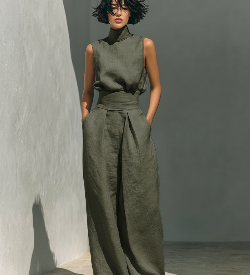 Katalin - Ujjatlan blúzból és vászon nadrágból álló szett, pamut és len keverékből.