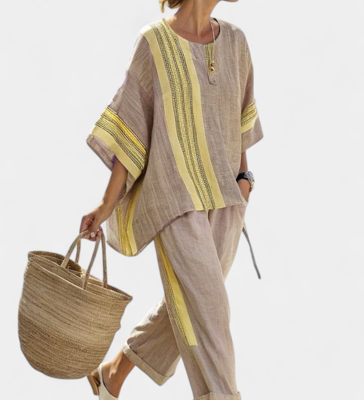 Len-bambusz szett bájos levendulával és sárga csíkkal