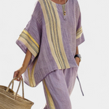 Len-bambusz szett bájos levendulával és sárga csíkkal