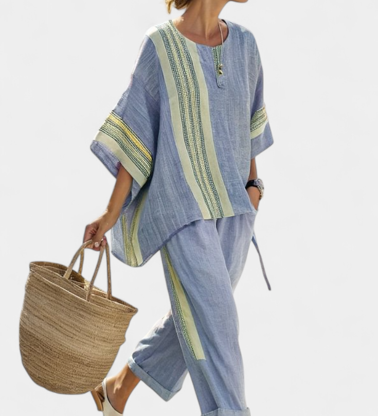 Len-bambusz szett bájos levendulával és sárga csíkkal