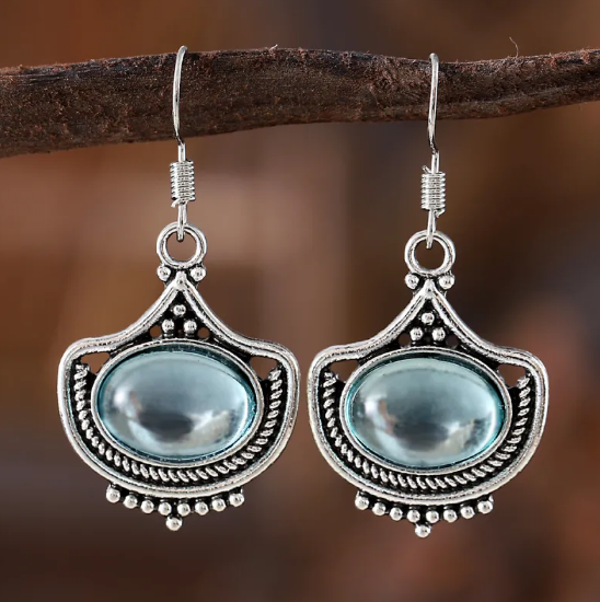 Vintage Nyaklánc és Fülbevaló Kék Ovális Drágakövekkel