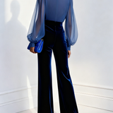 Zaira - Hosszú bársonynadrágos overál V-nyakkal és hosszú kék hálós ujjal