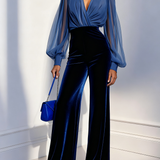 Zaira - Hosszú bársonynadrágos overál V-nyakkal és hosszú kék hálós ujjal