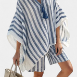 Nancy csíkos szett oversized pólóval és elegáns sorttal